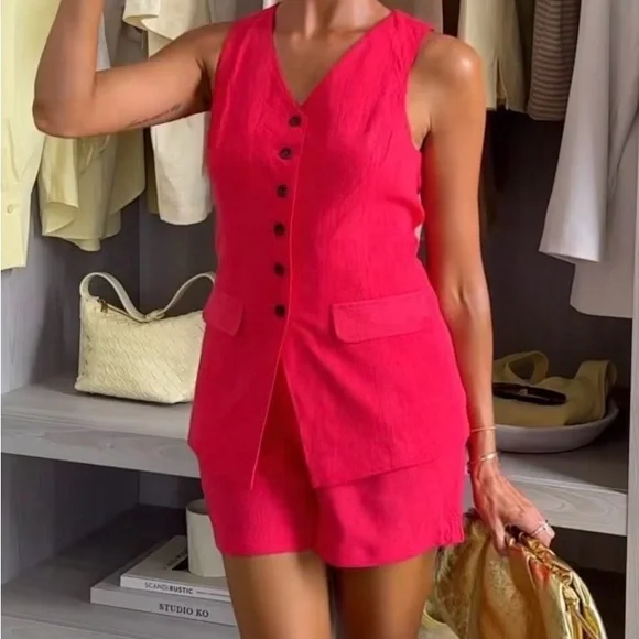NWT Primark Linen Shorts set vest shirt Red Sleeveless - Picture 2 of 12